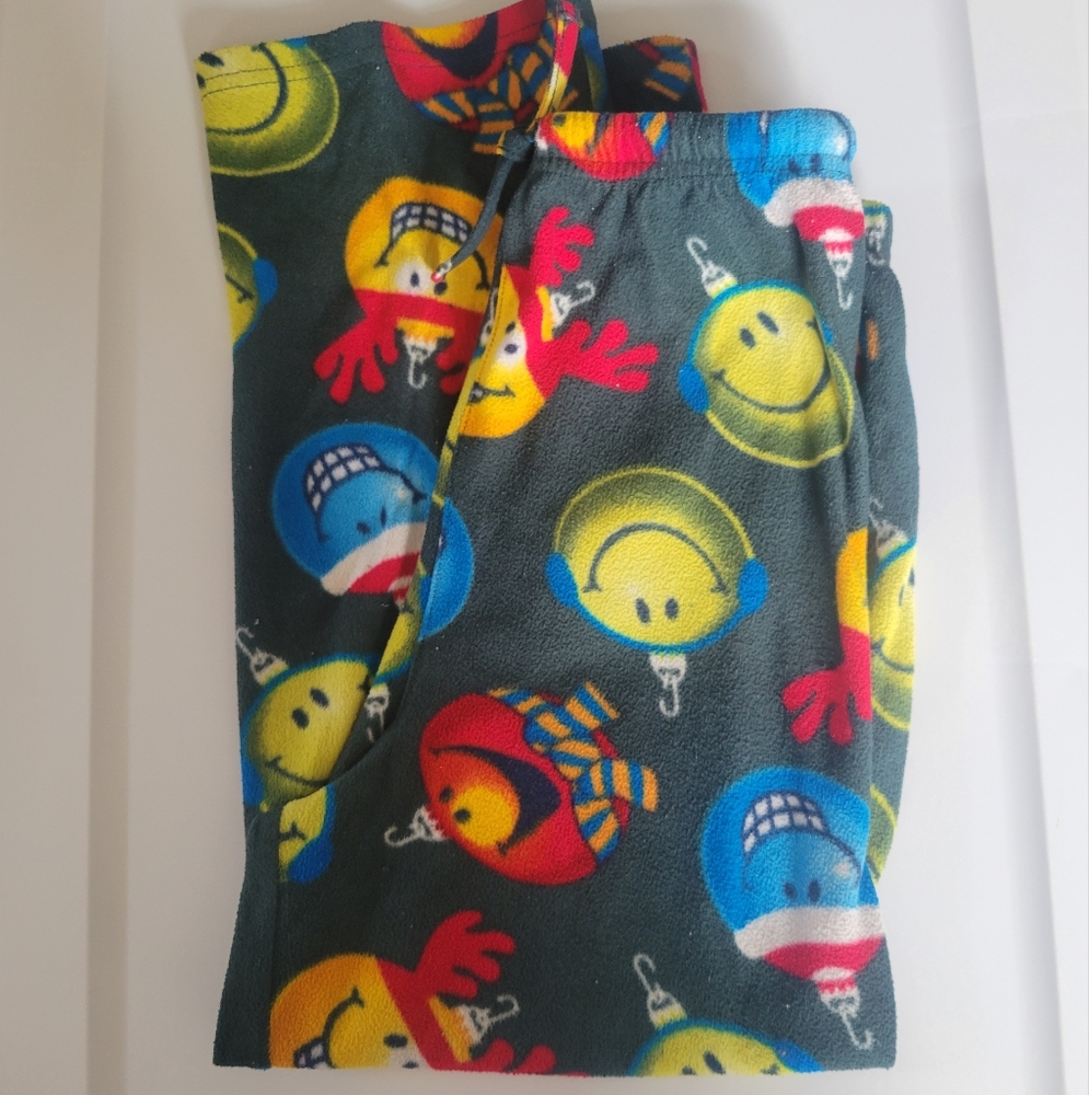 Boy Medium Pajama bottom green red yellow flannel silly ornaments UP LATE